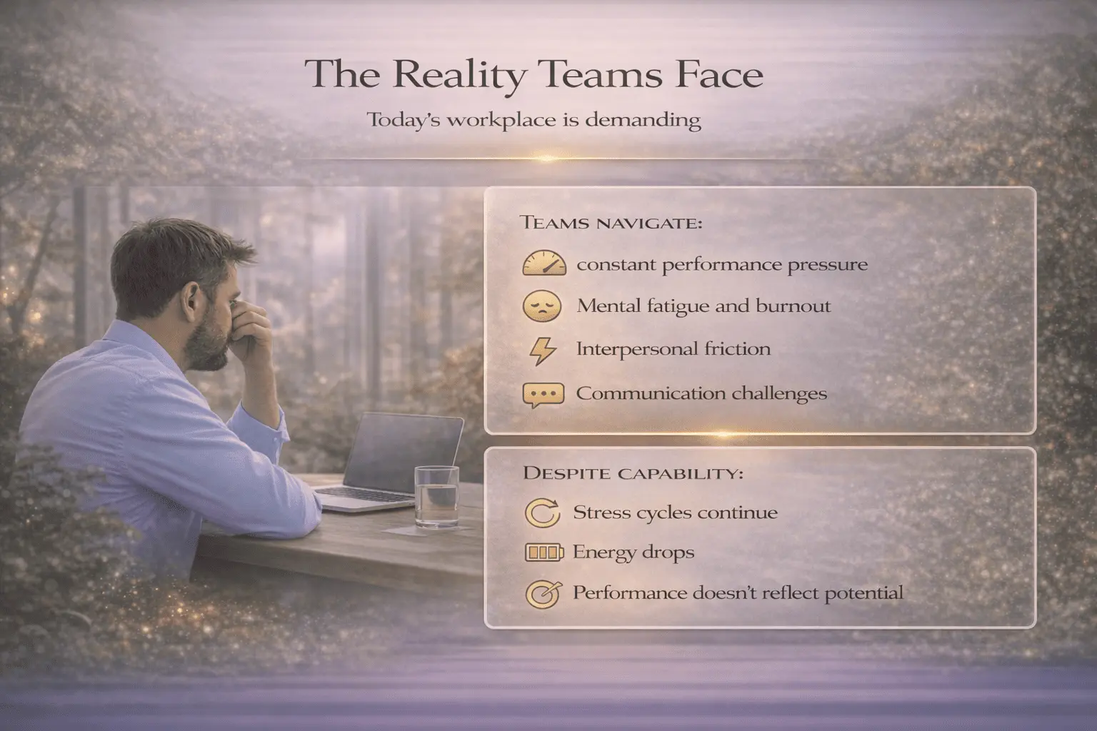 Professional sitting under workplace pressure beside a summary of common organizational challenges including constant performance pressure, mental fatigue, burnout, interpersonal friction, communication challenges, recurring stress cycles, energy loss and performance that falls short of potential.